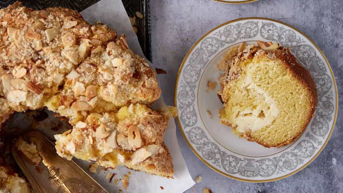 Three slices of cream cheese coffee cake.