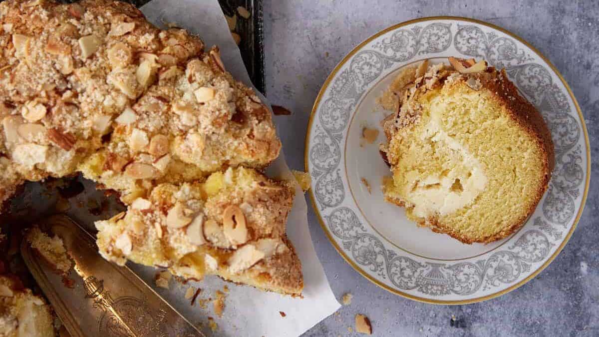 Three slices of cream cheese coffee cake.
