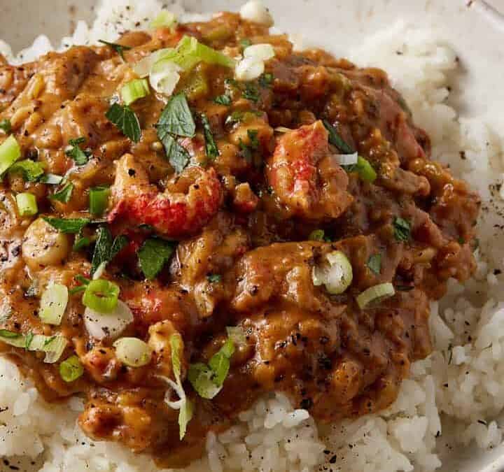 A bowl of crawfish etoufee over rice next to a bowl of green onions.