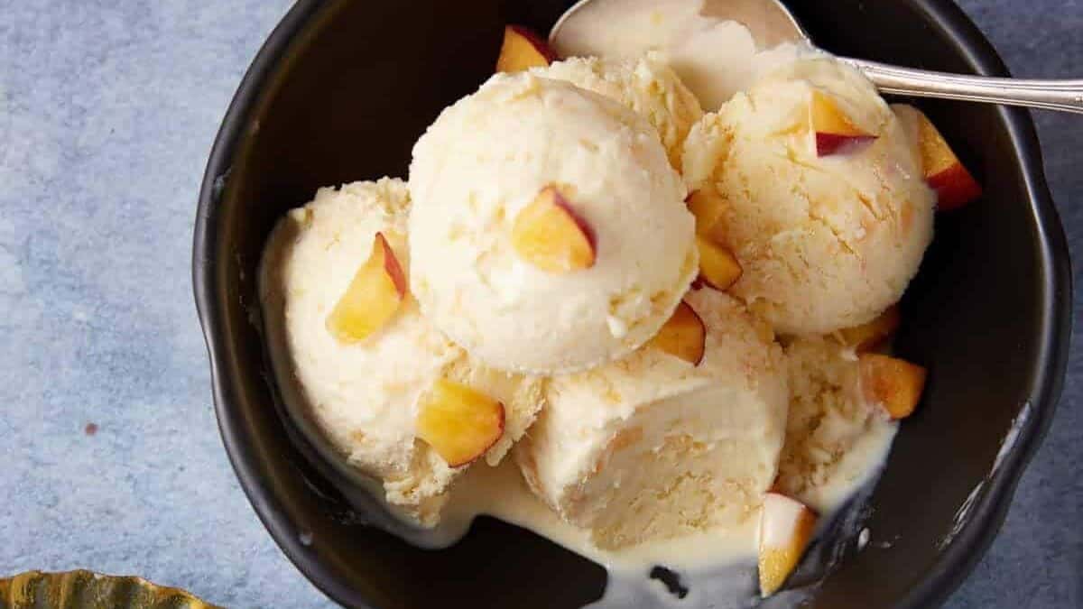 A bowl of homemade peach ice cream.