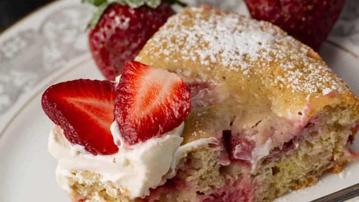 A bite of cake on a fork with whipped cream