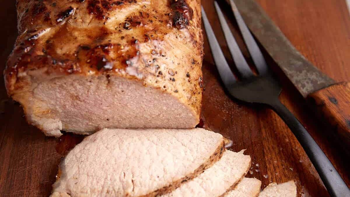 A pork roast that has been sliced on a cutting board.