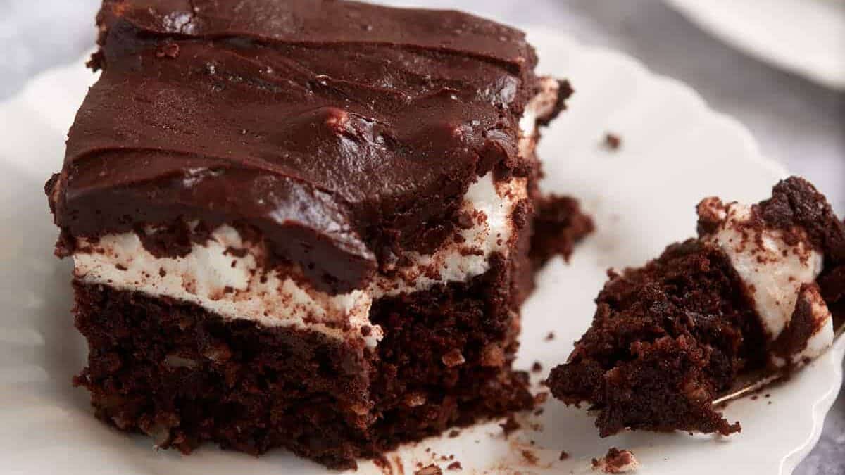 Mississippi mud cake with gooey chocolate layers and marshmallow topping.