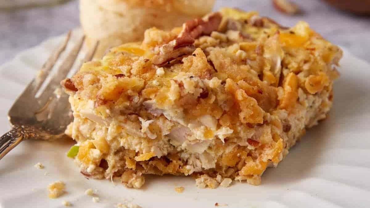 A serving of creamy pecan chicken casserole.