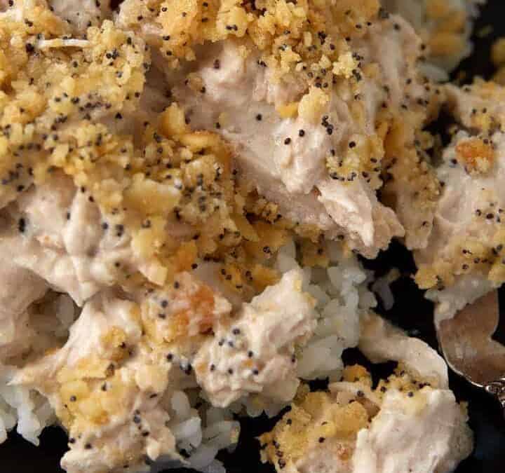 A plate of rice covered with poppy seed chicken.