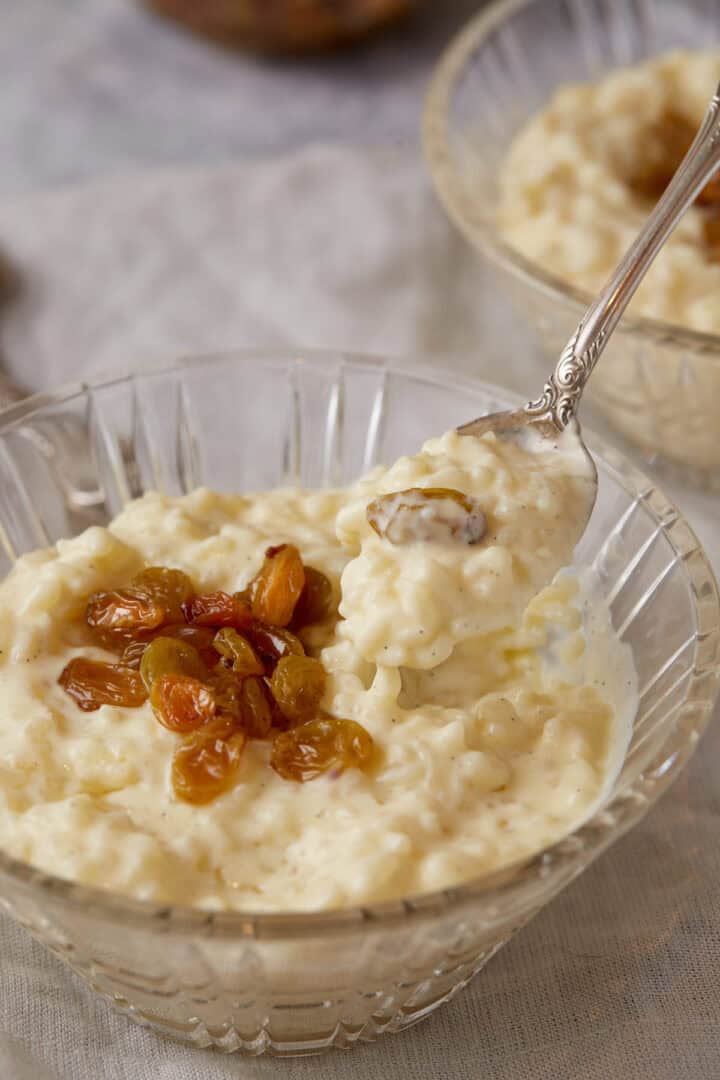 A bowl of rice pudding with raisins on top.