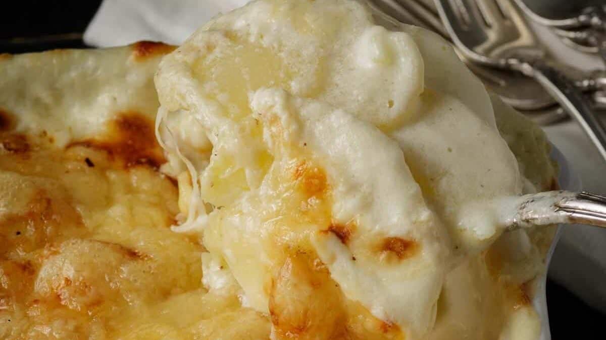 A spoon full of au gratin potatoes with cheese.