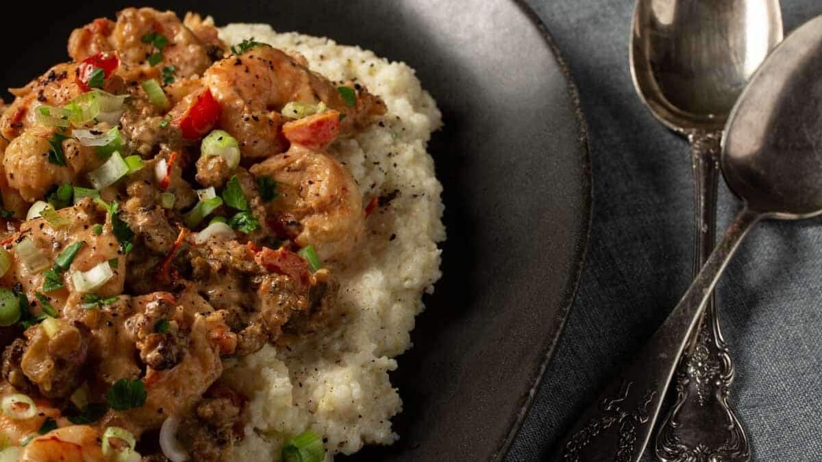 A platter of shrimp and grits with two glasses of wine.