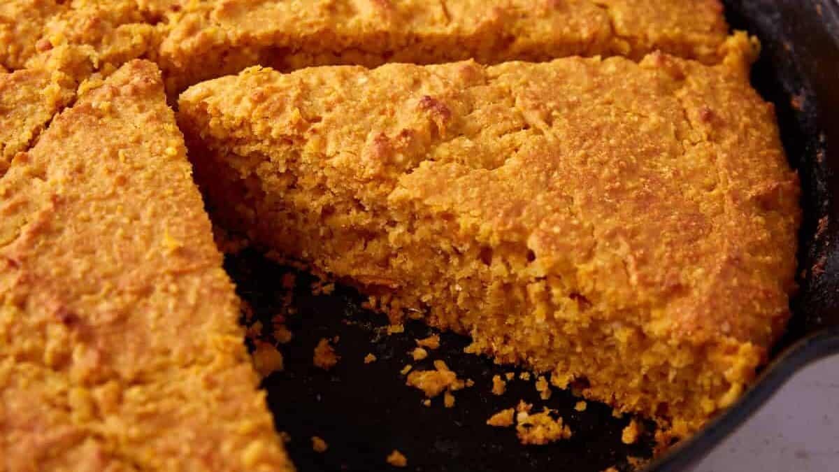 Cornbread baked in an iron skillet.
