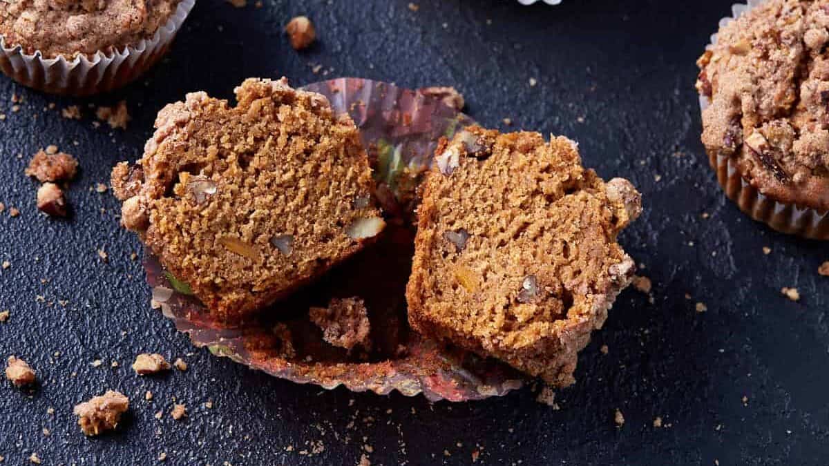 A muffin cut in half.