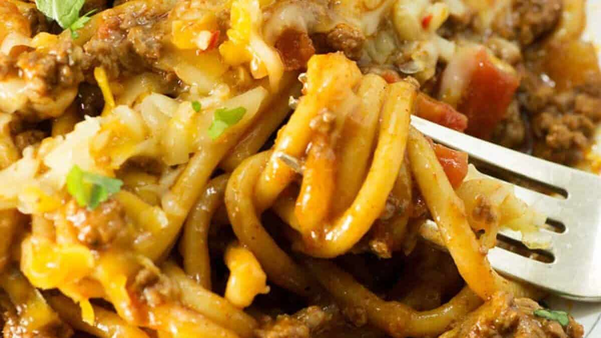 taco spaghetti swirled around a fork