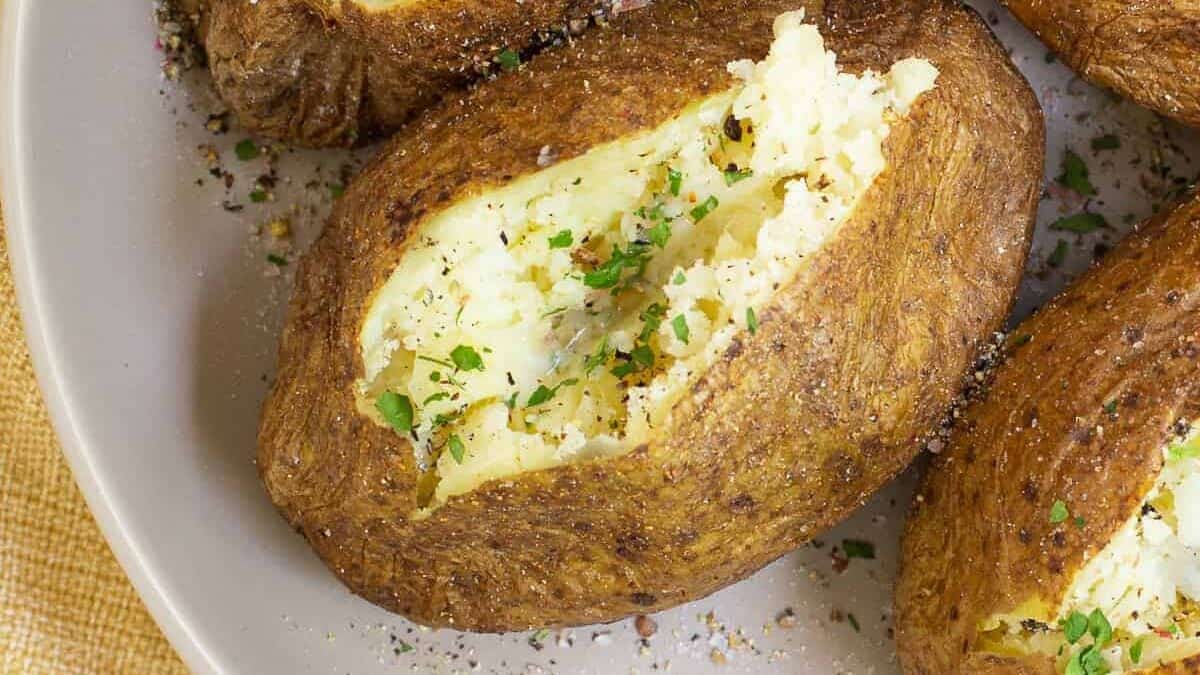 A plate of four baked potatoes, each split open and filled with fluffy, seasoned white potato filling. They are garnished with chopped herbs and a sprinkling of ground seasoning. The plate is placed on a yellow cloth.
