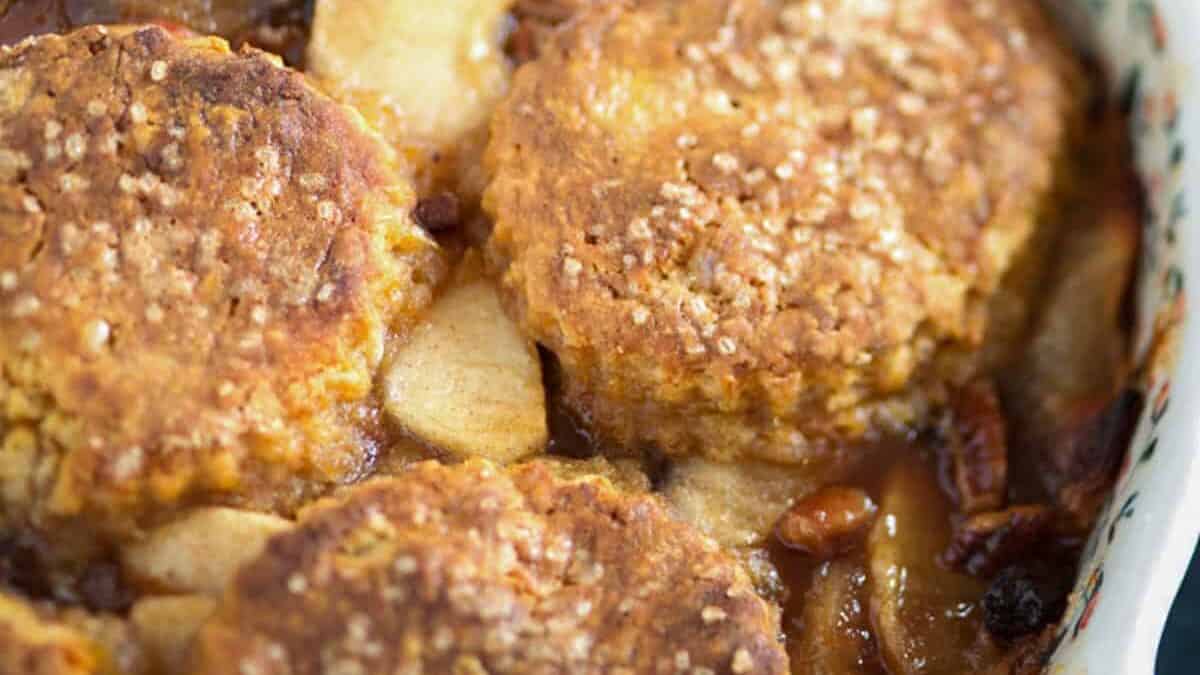 A baking dish of apple cobbler