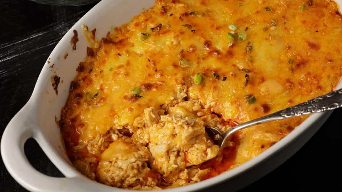 A baking dish of buffalo chicken dip