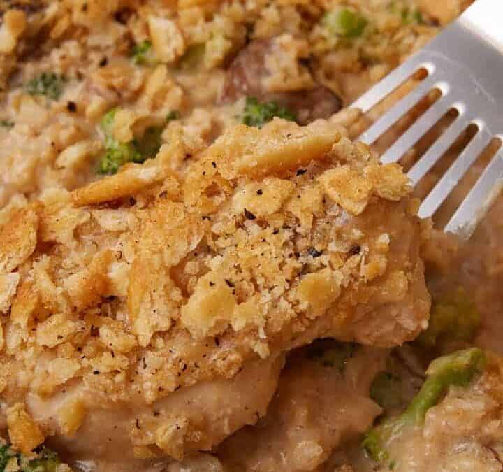 A skillet of chicken rice and broccoli casserole.