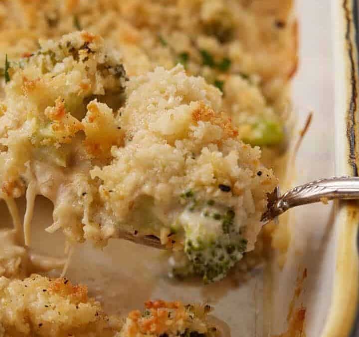 Chicken broccoli divan in a casserole dish.