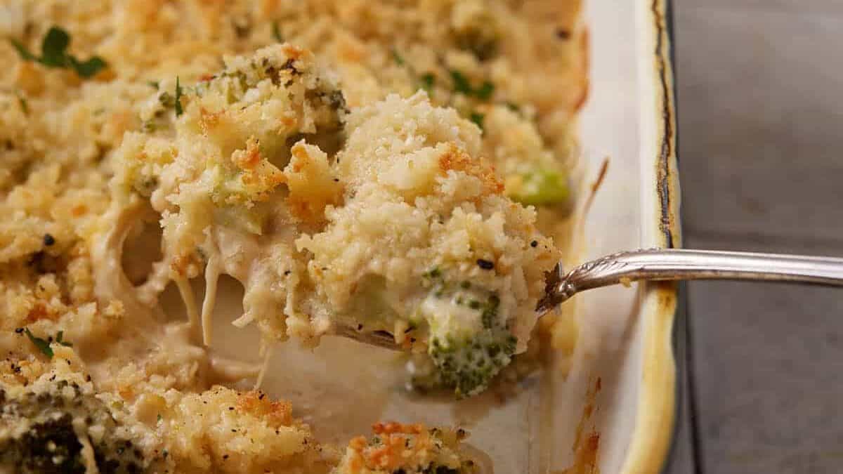 Classic chicken divan with broccoli and creamy sauce.