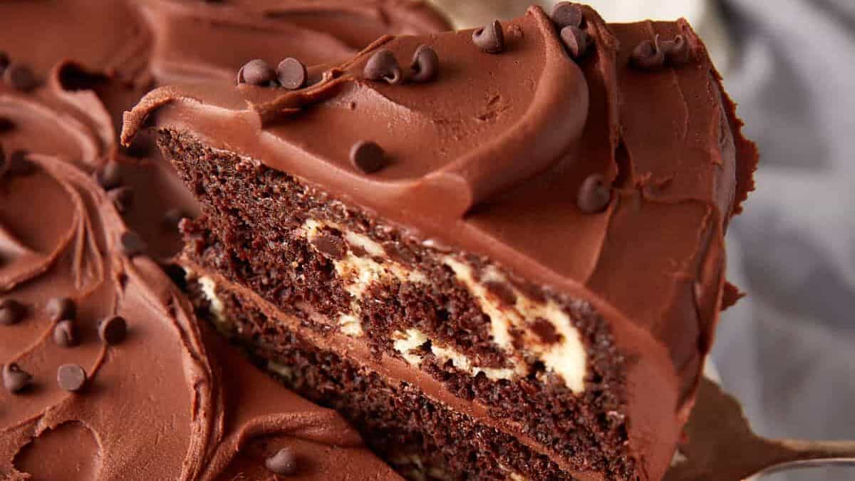 A slice of chocolate cream cheese cake.