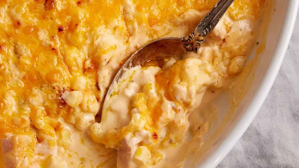 A serving spoon in a corn casserole.