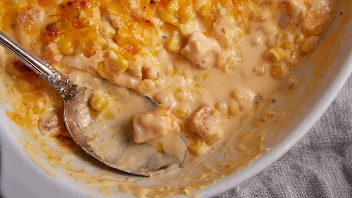 A spoon in a baking dish of cheesy corn casserole.