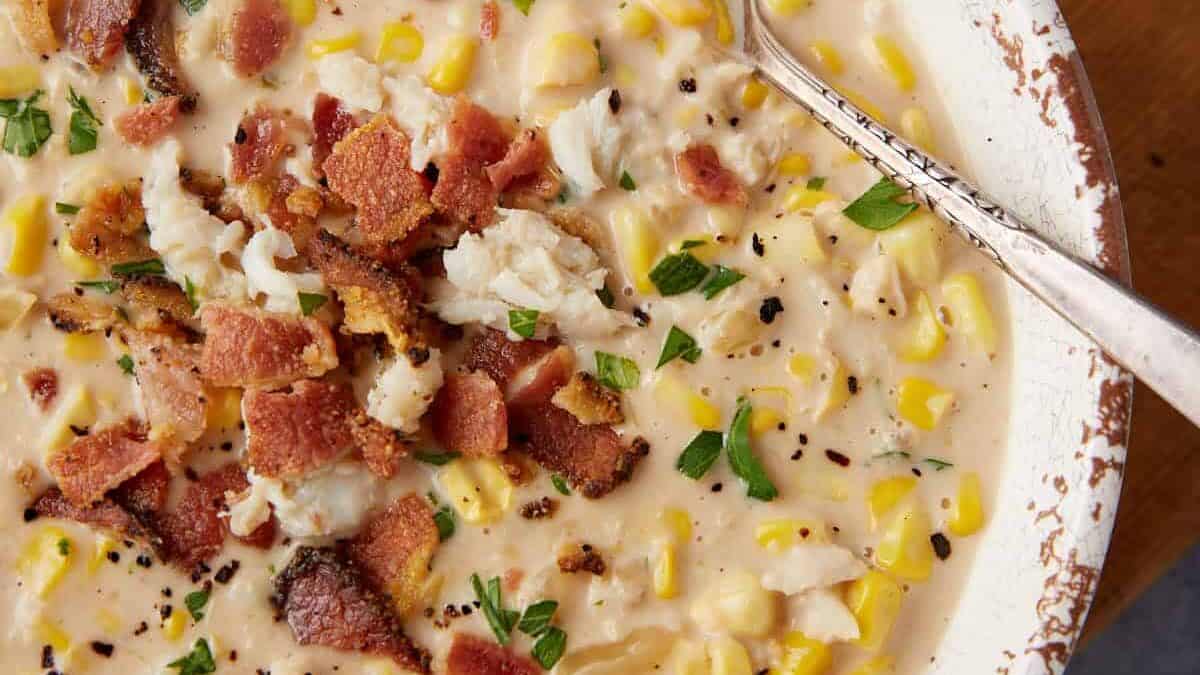 A spoon in a bowl of crab and corn chowder.