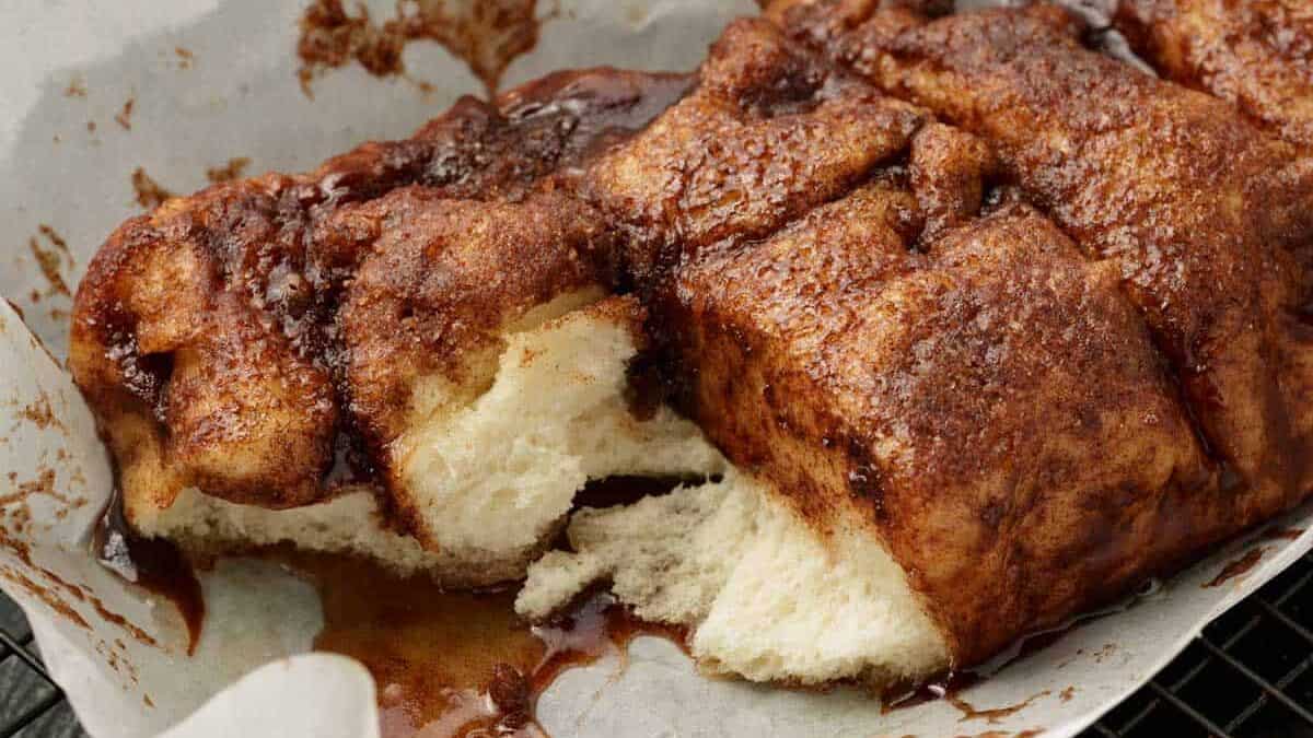 Cinnamon bread with a section removed.