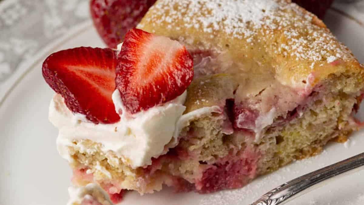A bite of cake on a fork with whipped cream