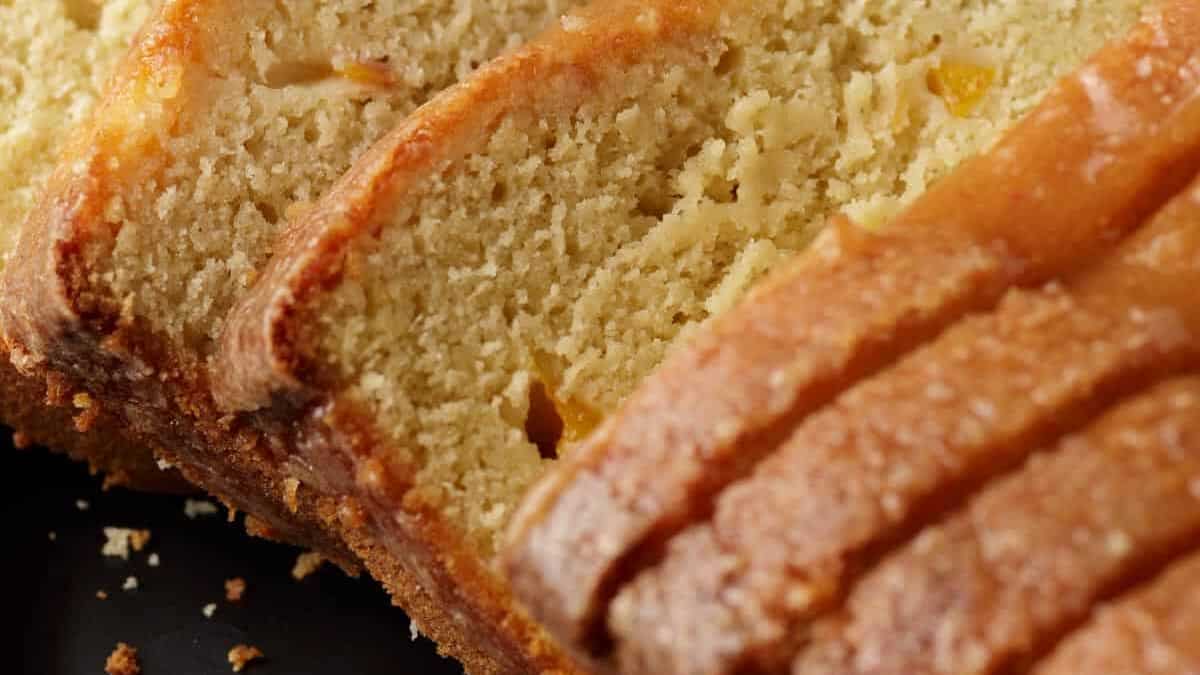 A sliced peach pound cake