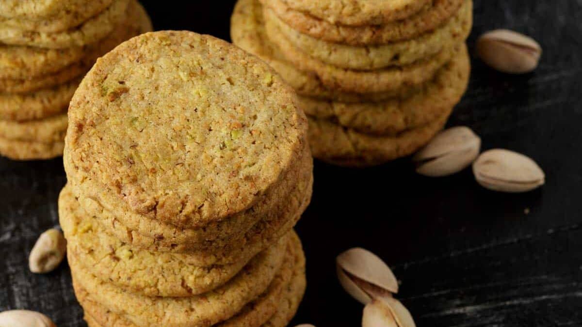Stacks of pistachio shortbread cookies