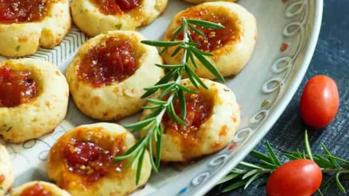 A platter of thumbprint cookies.