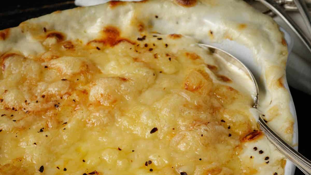 A baking dish of homemade scalloped potatoes.