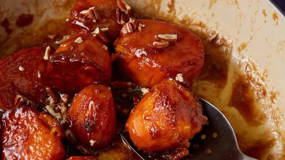 Candied sweet potatoes glazed with brown sugar sauce.