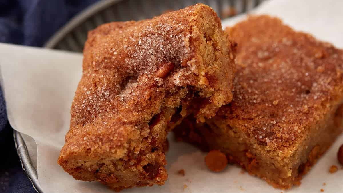 Two snickerdoodle blondies on a plate with a bite taken out.