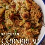 Southern cornbread dressing in a casserole dish.