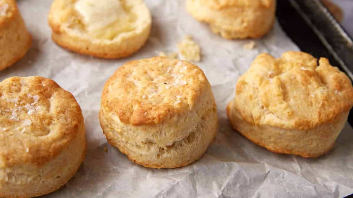 Fluffy golden biscuits baked in the air fryer with buttery layers and crisp edges.