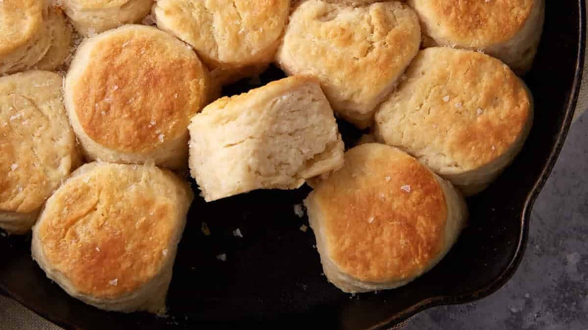 An iron skillet of angel biscuits.