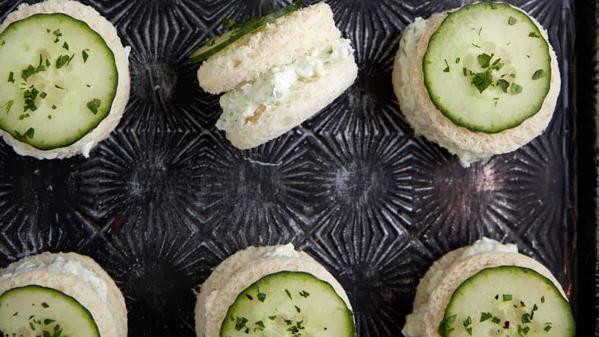 Rows of cucumber sandwiches cut into circles.