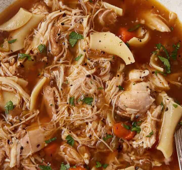 A bowl of homemade chicken noodle soup.