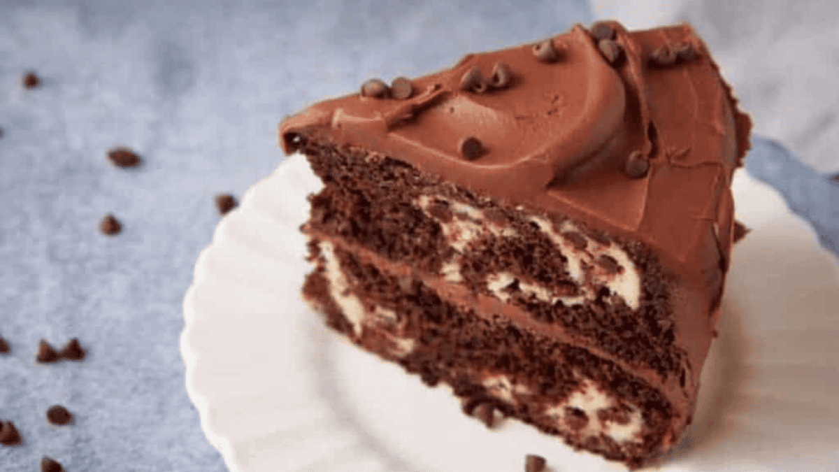 A slice of chocolate cake on a plate.