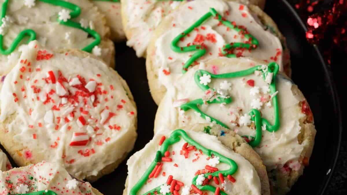 A platter of decorated Christmas cookies