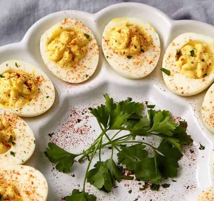 An egg platter with deviled eggs.