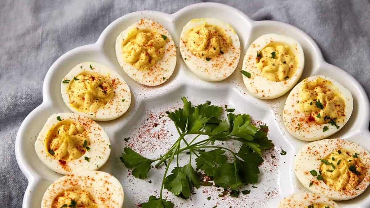 An egg platter with deviled eggs.