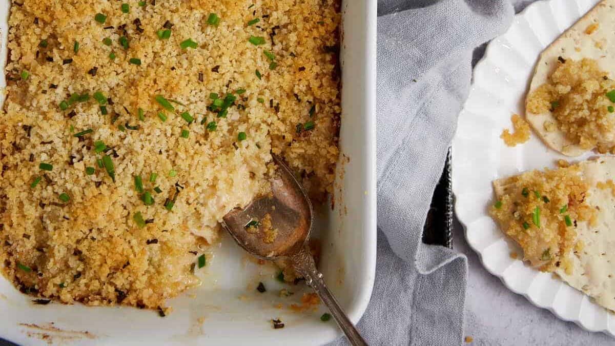 A casserole dish of crab dip.