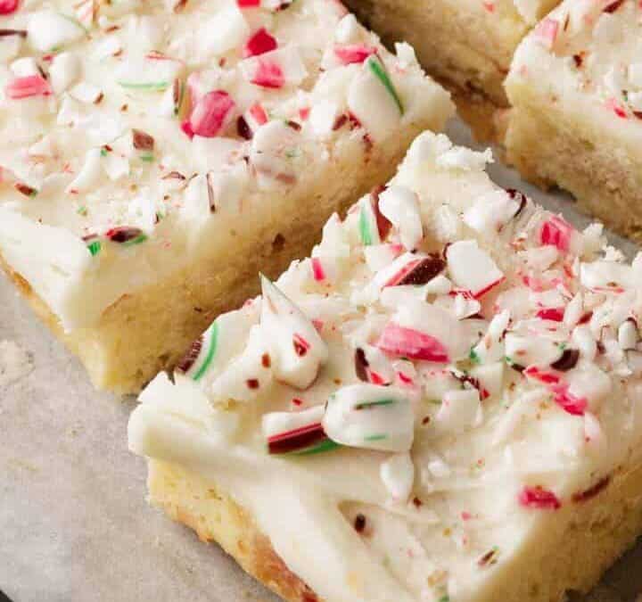Peppermint blondies on parchment paper.