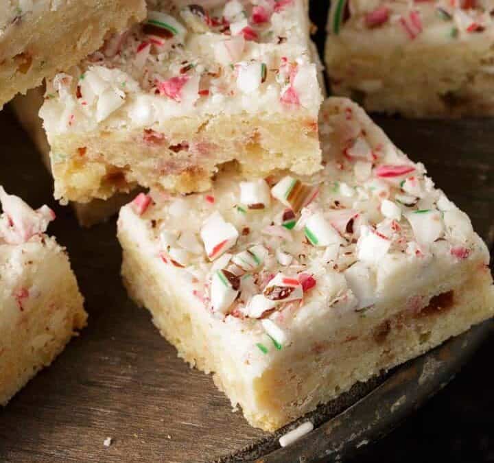 Christmas blondies on a cake stand.