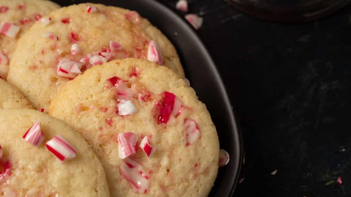 Candy Cane Cookies with a mug of hot chocolate.