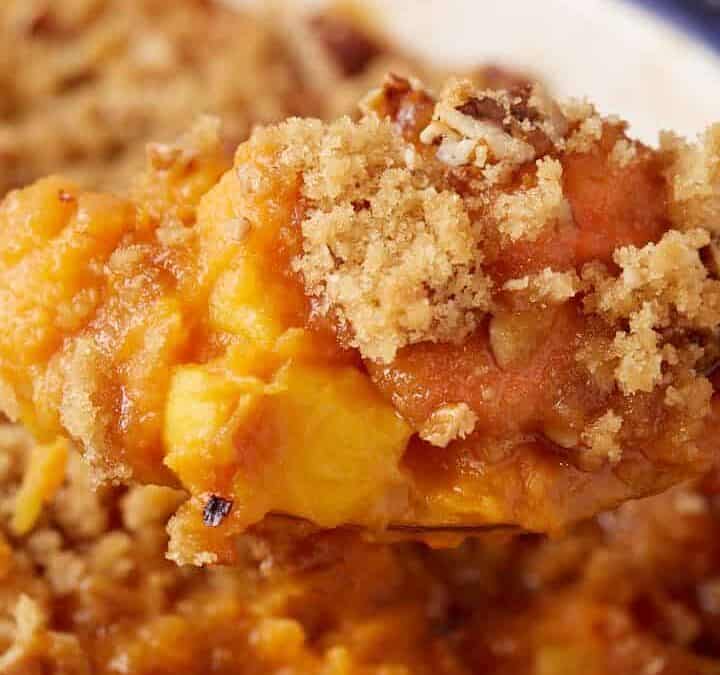 A Spoon full of sweet potato casserole.