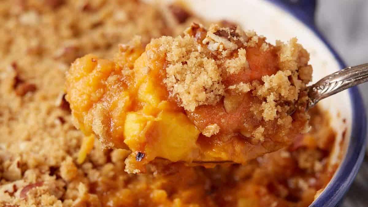​Sweet Potato Casserole with Tart Peaches