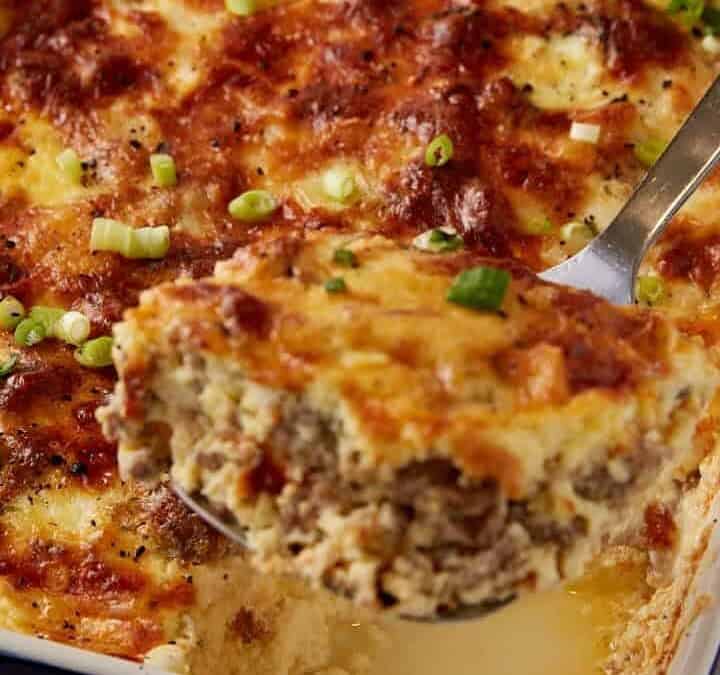 A scoop of brie and sausage casserole.