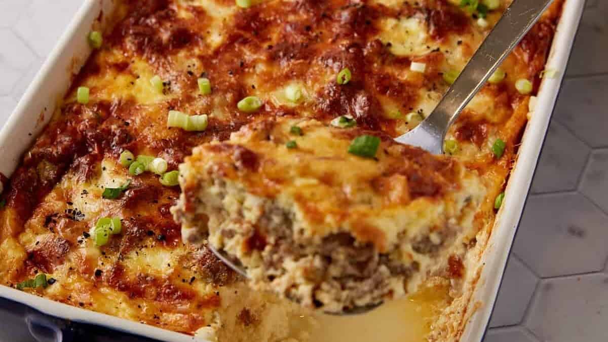 A scoop of brie and sausage casserole.